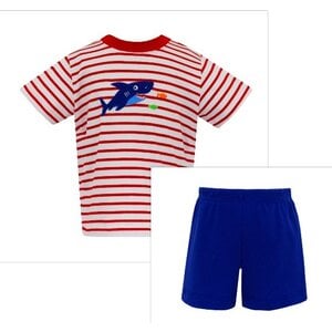 Claire & Charlie Shark Red Knit Stripe Boys T-shirt w/ Royal Blue Shorts