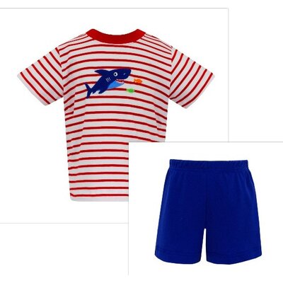 Claire & Charlie Shark Red Knit Stripe Boys T-shirt w/ Royal Blue Shorts