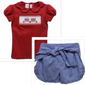Vive La Fete 4th of July Smocked Red Knit Puff Sleeve Girls Shirt w/Blue Gingham Shorts
