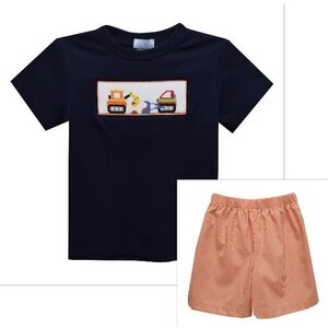 Vive La Fete Excavator Smocked Navy Knit Tee w/ Orange Gingham Shorts