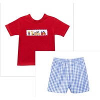 Zuccini Farm Smocked Harry's Play Tee Red w/ Periwinkle Check Short