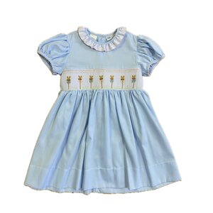 Lulu Bebe Rabbits Lt Blue Smocked Waist Dress w/Ruffle Collar