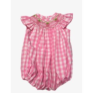 Delaney Strawberry Smocked Pink Check Angel Wing Bishop Bubble