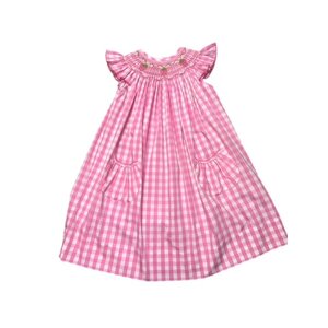 Delaney Strawberry Smocked Pink Check Angel Wing Bishop Dress