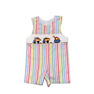 Delaney Work Trucks Smocked Primary Color Stripe Short Jon Jon