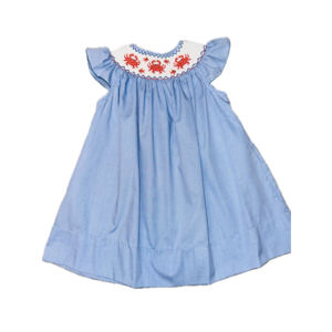 Lulu Bebe Crab Smocked Blue Gingham Bishop Dress