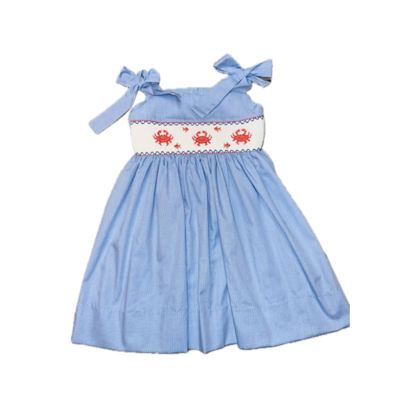 Lulu Bebe Crab Smocked Blue Gingham Dress w/ Straps