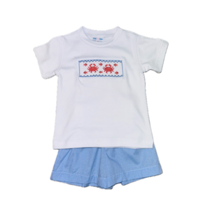 Lulu Bebe Crab Smocked White Shirt and Blue Gingham Short Set