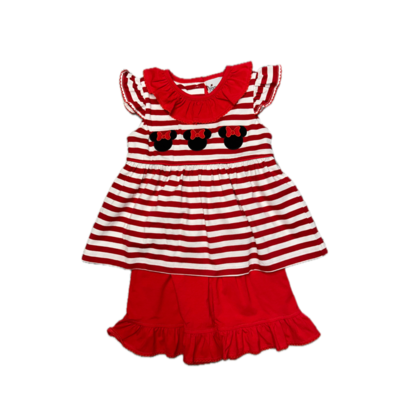 Delaney Mouse Ears Red/White Knit Stripe Girl's Short Set