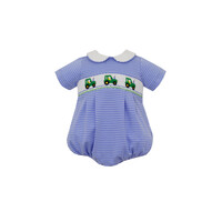 Petit Bebe Tractor Periwinkle Blue Knit Stripe Boy's Short Bubble