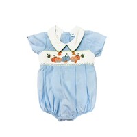 Lulu Bebe Pumpkin Patch Smocked Lt Blue Gingham Boy Pleated Bubble