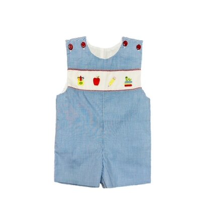 Lulu Bebe Back to School Blue Gingham Embroidered Shortall