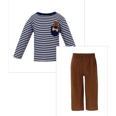 Claire & Charlie Lab Puppy Navy Blue Stripe Knit Boy's L/S T-shirt with Brown Cord Pants