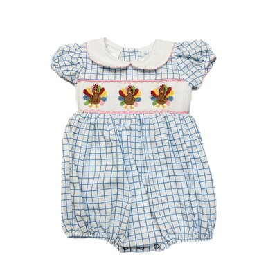 Lulu Bebe Turkey Blue Check Girl Smocked Waist Bubble