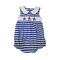 Delaney Blue/White Stripe Sleeveless Knit Bubble w/ Smocked Stars