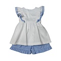 Delaney White Pique Apron Ruffle Short Set w/ Blue Check Accent