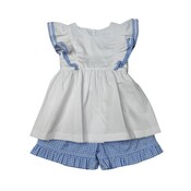 Delaney White Pique Apron Ruffle Short Set w/ Blue Check Accent