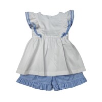 Delaney White Pique Apron Ruffle Short Set w/ Blue Check Accent