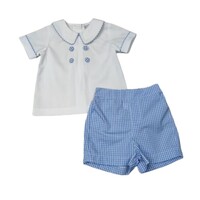 Delaney White Double Button Front Short Set w/ Blue Check Accent
