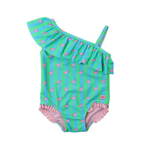 RuffleButts + RuggedButts Neon Flamingo Stripe One Shoulder Ruffle One Piece