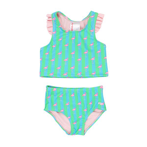 RuffleButts + RuggedButts Neon Flamingo Stripe Racerback Flutter Tankini