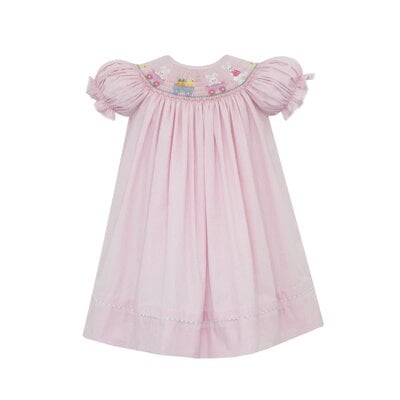 Anavini Bunnies Wagon Smocked Pink Gingham Bishop