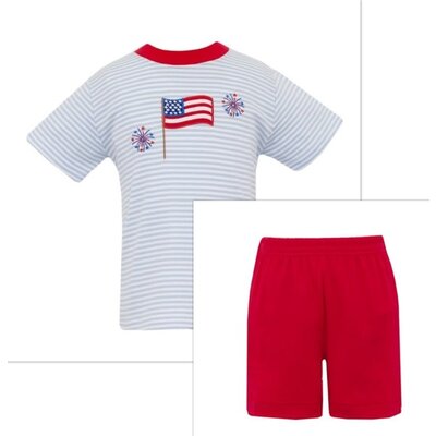 Claire & Charlie 4th of July Lt. Blue Stripe Short and Red Shorts Set