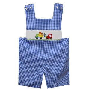 Vive La Fete Sports and Trucks Smocked Royal Gingham Boys Shortall