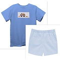 Vive La Fete Construction Smocked Light Blue Knit Short Sleeve w/  Light Blue Gingham Boys Pull on Short with Pockets