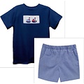 Vive La Fete Tugboats Smocked Navy Knit Short Sleeve Boys w/ Navy Gingham Boys Pull on Short with Pockets