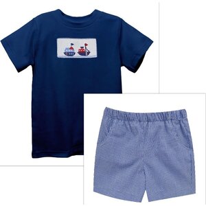 Vive La Fete Tugboats Smocked Navy Knit Short Sleeve Boys w/ Navy Gingham Boys Pull on Short with Pockets