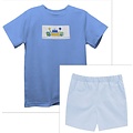 Vive La Fete Birthday Smocked Light Blue Knit Short Sleeve w/ Light Blue Gingham Boys Pull on Short With Pockets