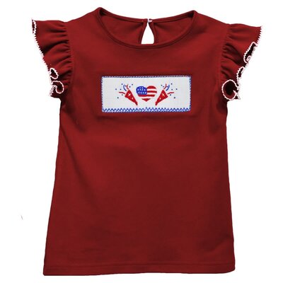 Vive La Fete 4th of July Smocked Red Flutter Sleeve Girls Top w/ Royal Gingham Girl Shorts with Ruffled Pockets