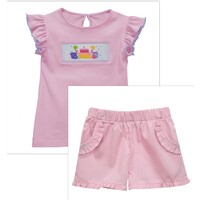 Vive La Fete Birthday Smocked Pink Flutter Sleeve Girls Top w/ Light Pink Gingham Shorts with Ruffled Pockets