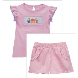 Vive La Fete Birthday Smocked Pink Flutter Sleeve Girls Top w/ Light Pink Gingham Shorts with Ruffled Pockets