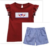 Vive La Fete 4th of July Smocked Red Flutter Sleeve Girls Top w/ Royal Gingham Girl Shorts with Ruffled Pockets