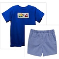 Vive La Fete Sports and Trucks Smocked  Red Knit Short Sleeve w/ Royal Gingham Boys Pull on Short with Pockets
