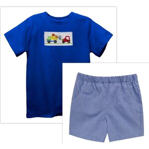 Vive La Fete Sports and Trucks Smocked  Red Knit Short Sleeve w/ Royal Gingham Boys Pull on Short with Pockets