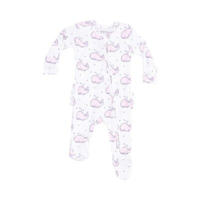 Angel Dear Bubbly Whale Pink Ribbed 2 Way Zipper Ruffle Back Footie