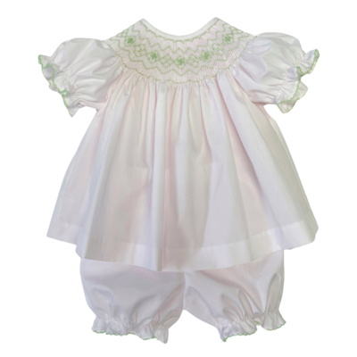 Lulu Bebe Classic Pink w/ Green Smocked Bloomer Set