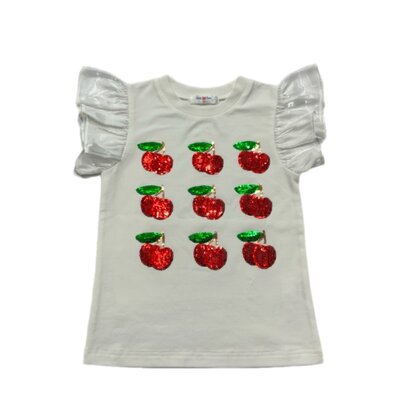 LBKids Cherry Sequin White Flutter Sleeve Top