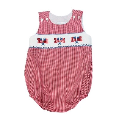 Lulu Bebe Flag Smocked Red Gingham Boy Bubble