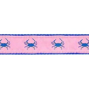 Preston Leather Blue Crab on Pink, Navy Cotton Web Belt w/ Leather Tabs