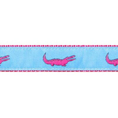 Preston Leather Pink Alligator on Lt. Blue, Raspberry Cotton Web Belt w/ Leather Tabs