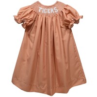 Vive La Fete Clemson Tigers Smocked Orange Gingham Bishop Dress