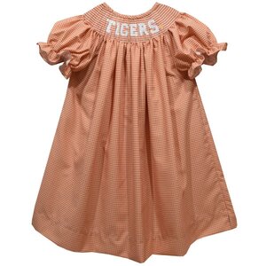 Vive La Fete Clemson Tigers Smocked Orange Gingham Bishop Dress