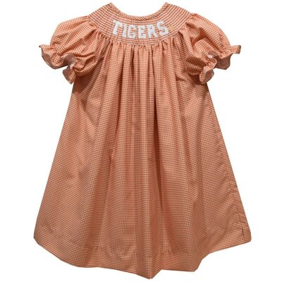 Vive La Fete Clemson Tigers Smocked Orange Gingham Bishop Dress