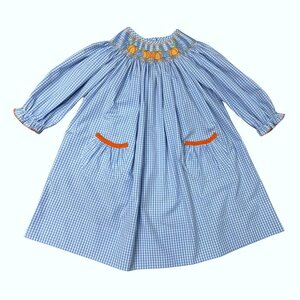 Delaney Pumpkins Blue Gingham Smocked Bishop