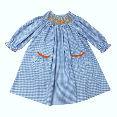 Delaney Pumpkins Blue Gingham Smocked Bishop