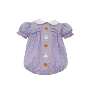 Anavini Halloween Purple Gingham Girls Short Bubble W/ Orange Trim SS